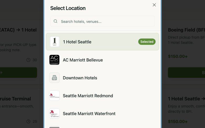 Evergreen Shuttle hotel pickup selector