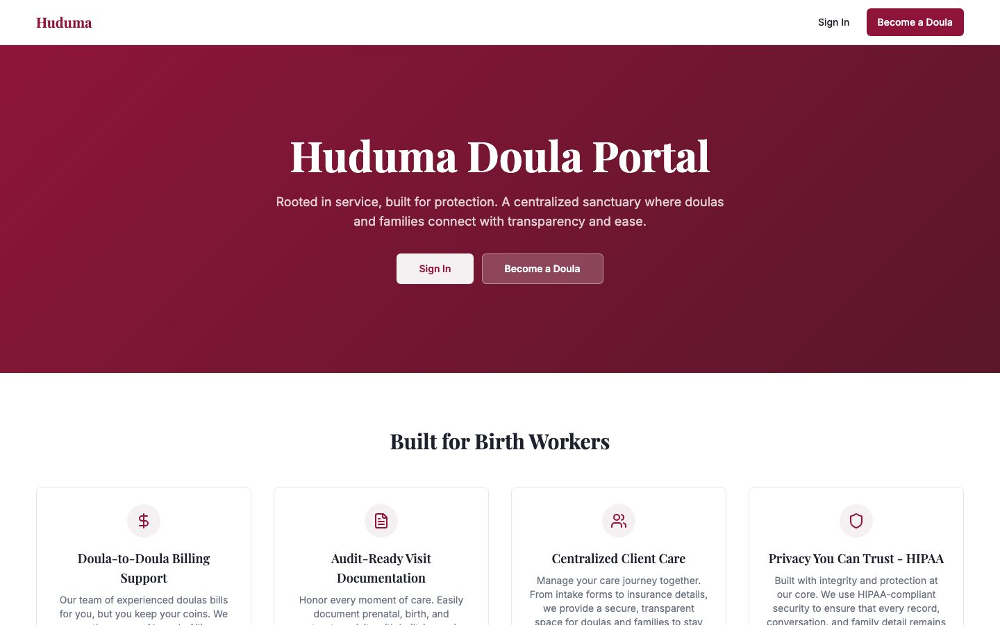 Huduma Doula Portal homepage